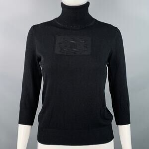CHANEL Vintage Spring 2003 8 Black Rayon Blend Jersey Logo Turtleneck Casual Top